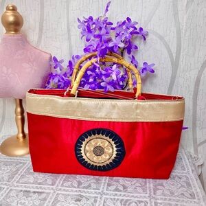 🌹 Fibonacci Sun Embroidery Red & Gold Satin Handbag with Bamboo Handles 🌹 NWT